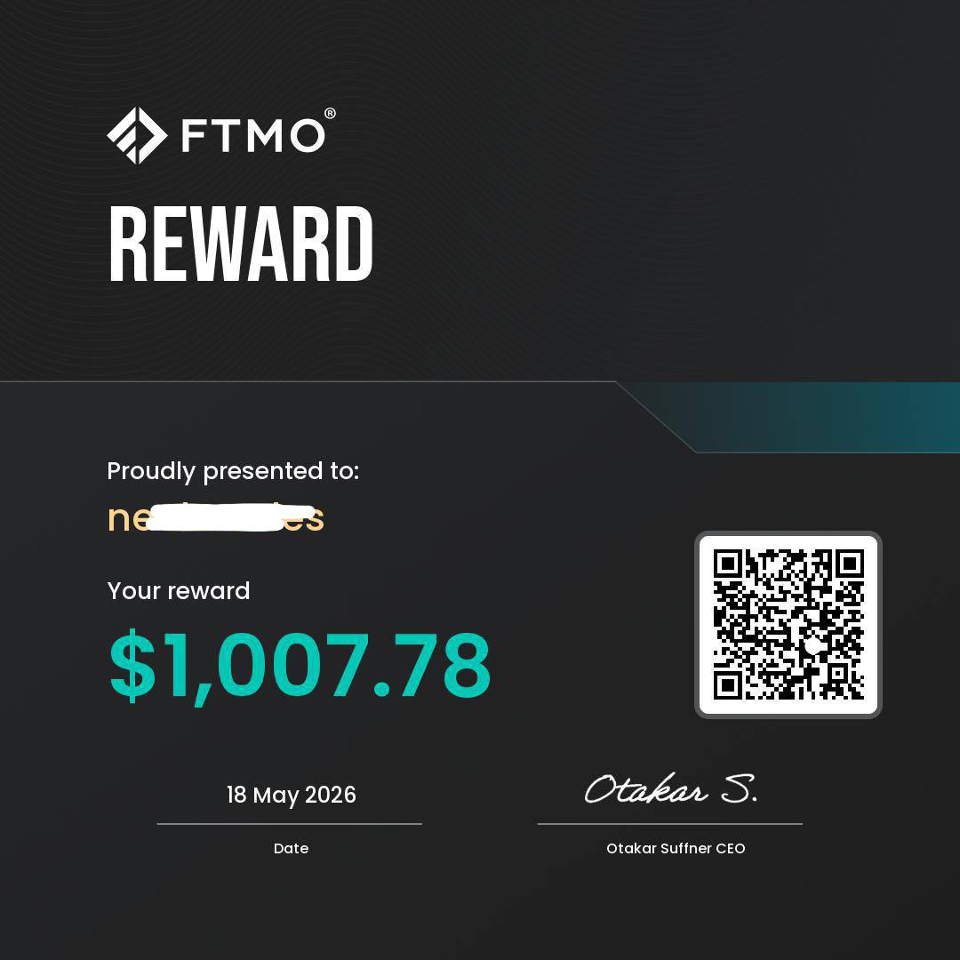 FTMO reward certificate — verified member