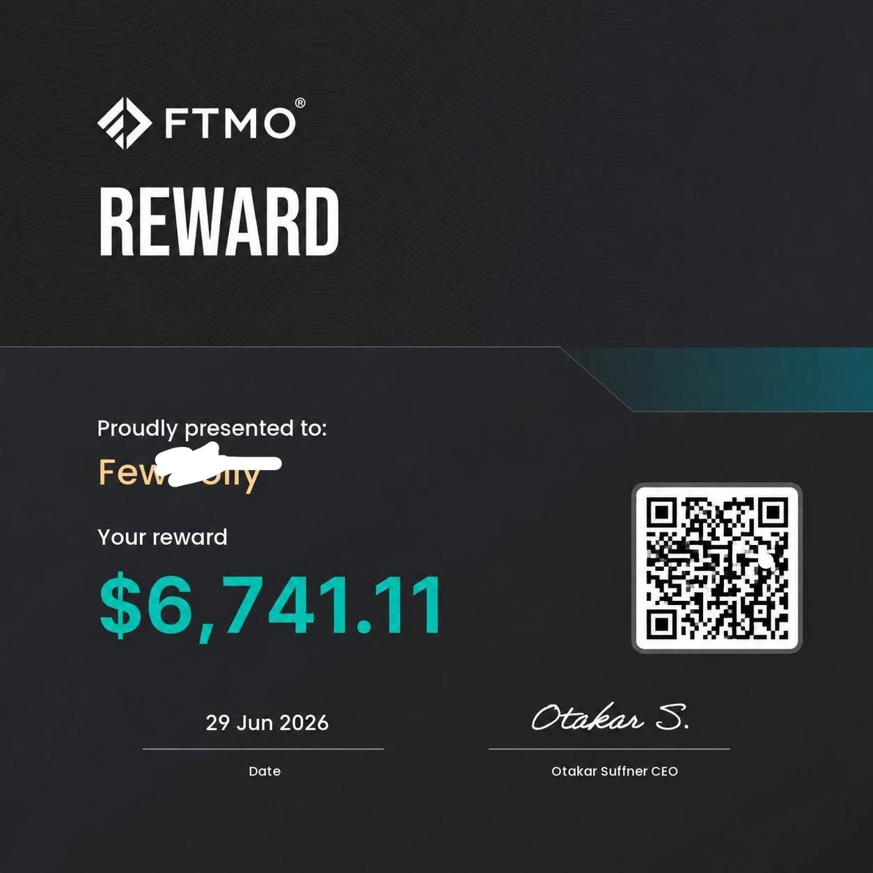 FTMO reward certificate — verified member