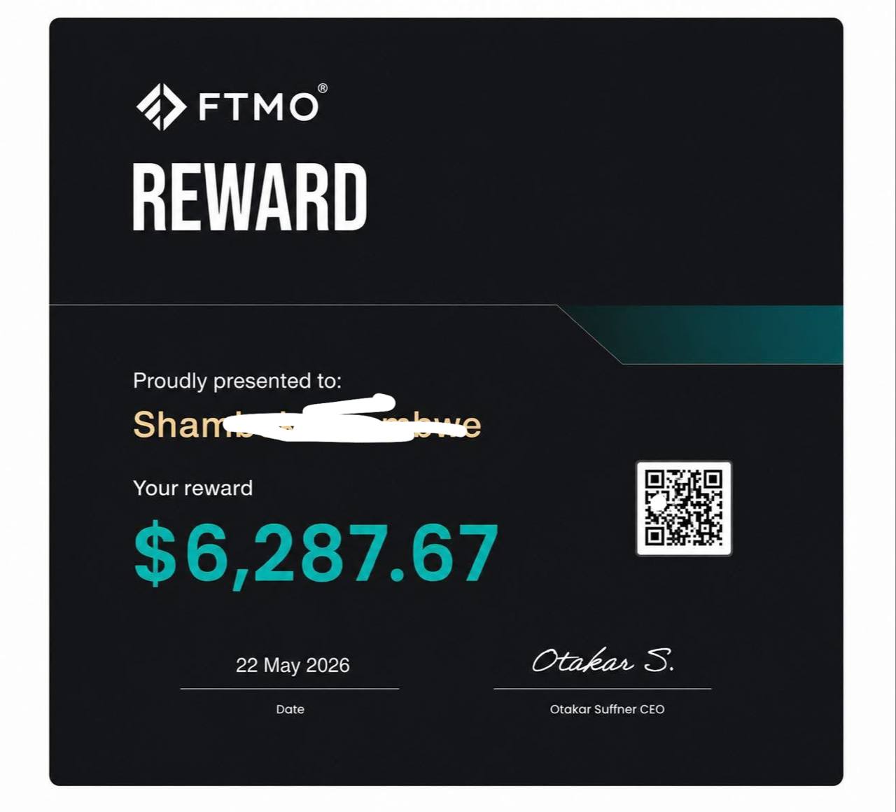 FTMO reward certificate — verified member
