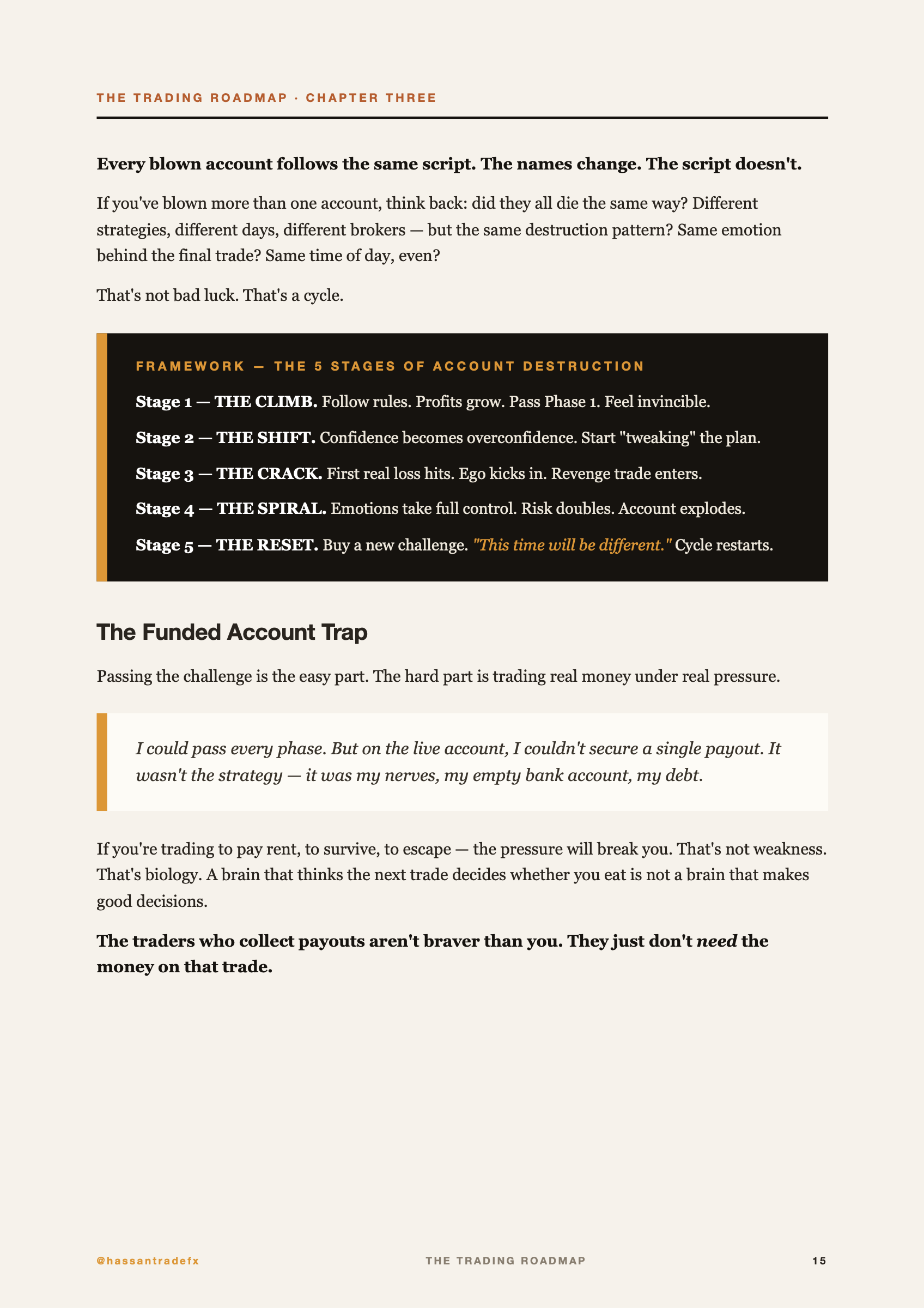 Page 15 of The Trading Roadmap — the 5 stages of account destruction framework